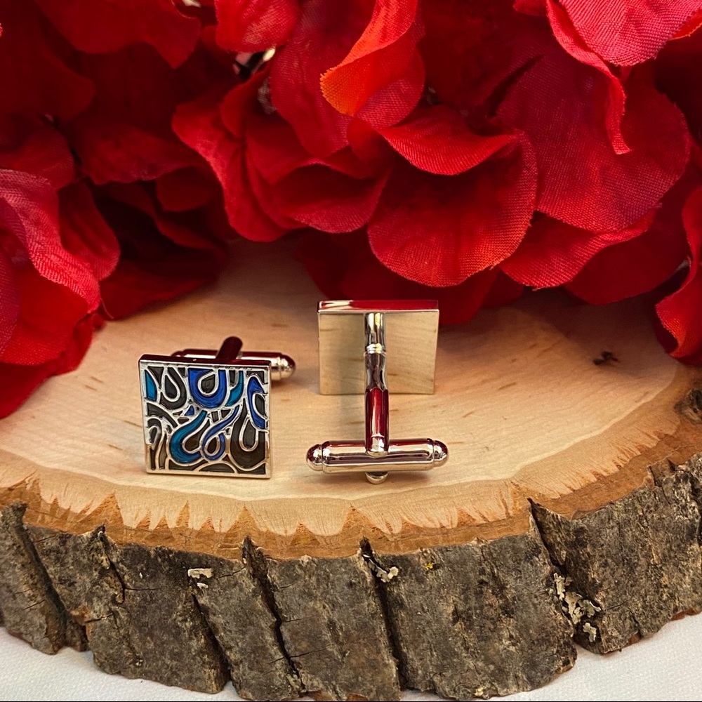 Black Blue and Silver Abstract Swirls Cufflinks - Picture 9 of 13